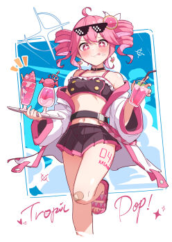 +_+ 1girl :p ahoge bandaid bandaid_on_knee bandaid_on_leg bendy_straw black_skirt blue_sky brat_(brabrabrat00) cloud commentary_request crazy_straw cup day deal_with_it_(meme) drill_hair drinking_glass drinking_straw eyewear_on_head heart_straw highres holding holding_cup holding_tray jacket kasane_teto long_sleeves meme navel off_shoulder open_clothes open_jacket pink_eyes pink_hair pink_sandals pleated_skirt sandals skirt sky solo standing standing_on_one_leg sunglasses tongue tongue_out tray twin_drills twintails utau white_jacket wide_sleeves