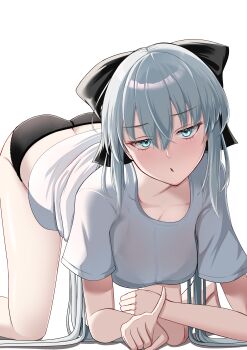 1girl absurdres all_fours ass black_bow black_panties blue_eyes blush bow braid breasts commentary_request fate/grand_order fate_(series) grey_hair hair_bow highres large_breasts long_hair looking_at_viewer morgan_le_fay_(fate) nigori_(keydoor) open_mouth panties ponytail shirt short_sleeves sidelocks solo thighs underwear very_long_hair white_shirt