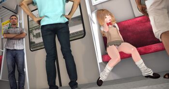 1girl 3d absurdres age_difference artist_request blush breasts brown_hair flashing flat_chest highres loli multiple_boys school_uniform small_breasts striped tagme train upskirt