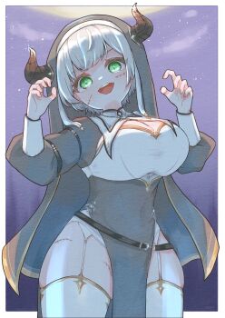 Rule 34 | + +, 1girl, ;d, amari (ama shiiiiiiba), black dress, black veil, blush, breast curtains, breasts, claw pose, cleavage, cleavage cutout, clothes lift, clothing cutout, coif, commentary, dress, fake scar, framed breasts, garter straps, gold trim, green eyes, grey hair, guimpe, halloween, halloween costume, highres, hololive, horns, large breasts, long dress, long hair, long sleeves, looking at viewer, night, nun, official alternate costume, official alternate hair length, official alternate hairstyle, one eye closed, open mouth, pelvic curtain, pelvic curtain lift, pixie cut, shirogane noel, shirogane noel (battle nun), short hair, sky, smile, solo, stitches, teeth, thick thighs, thighhighs, thighs, upper teeth only, veil, virtual youtuber, white garter straps, white thighhighs