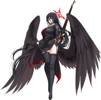 1girl black_choker black_gloves black_hair black_panties black_serafuku black_shirt black_shoes black_skirt black_thighhighs black_wings blackletter blue_archive bolt_action breast_pocket breasts choker closed_mouth clothes_writing english_text feathered_wings female_focus floating_hair full_body game_asset garter_belt garter_straps gloves gun hair_between_eyes half-closed_eyes half_gloves halo hand_up hasumi_(blue_archive) high_heels holding holding_gun holding_own_skirt holding_weapon huge_breasts lace lace-trimmed_garter_belt lace-trimmed_thighhighs lace_trim large_variant_set legs legs_together long_hair long_hair_between_eyes long_skirt long_sleeves looking_at_viewer midriff_peek mole mole_under_eye mx2j neckerchief official_art oversized_wings p14_enfield pale_skin panties panty_straps pleated_skirt pocket pumps red_eyes red_halo red_neckerchief red_trim rifle sailor_collar school_uniform serafuku shirt shirt_overhang shoes side_slit sidelocks simple_background skirt solo standing tachi-e thighhighs thighs third-party_source transparent_background underwear variant_set very_long_hair weapon white_sailor_collar wings