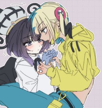 2girls black_hair blonde_hair blue_hair blue_pants blush bob_cut canari_(pokemon) closed_mouth coat cropped_jacket gloves gradient_hair grid_background gwynn_(pokemon) hat holding_another&#039;s_wrist jacket long_sleeves looking_at_another multicolored_hair multiple_girls nintendo open_mouth pants partially_fingerless_gloves pokemon pokemon_legends:_z-a purple_eyes purple_hair sakizome1001 short_hair tongue tongue_out white_coat yellow_jacket yuri