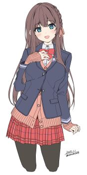 1girl absurdres black_pantyhose blazer blue_eyes blue_jacket blush bow braid breasts brown_hair cardigan collared_shirt commentary_request hair_ribbon highres jacket long_hair long_sleeves looking_at_viewer medium_breasts open_mouth original pantyhose pink_cardigan pleated_skirt red_bow red_skirt ribbon school_uniform shirt simple_background skirt smile solo unasaka_ryou white_background white_shirt