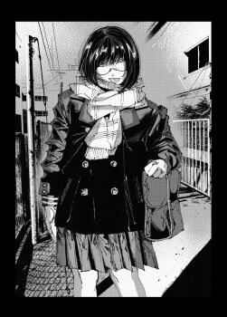 1girl :p bag black_border border coat cropped_legs hachinuki_tessei highres jimiko jitome mob_face moire original outdoors pleated_skirt scarf school_bag she_(hachinuki_tetsuyo) short_hair skirt solo tongue tongue_out