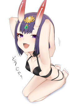 1girl 9nojo armpits arms_behind_head arms_up bare_shoulders barefoot blush bob_cut breasts collarbone eyeliner fangs fate/grand_order fate_(series) feet female_focus headpiece highres horns looking_at_viewer makeup oni open_mouth purple_eyes purple_hair revealing_clothes seiza short_hair shuten_douji_(fate) simple_background sitting skin-covered_horns small_breasts smile solo thighs toes translation_request white_background