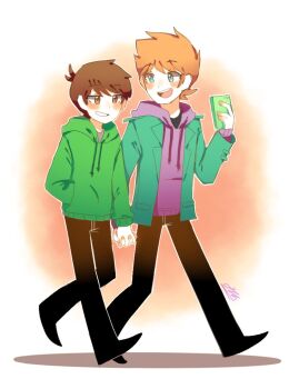 2boys animification blue_eyes blush brown_eyes brown_hair commentary couple edd_(eddsworld) eddsworld english_commentary green_hoodie green_jacket hand_in_pocket holding holding_hands holding_phone hood hood_down hoodie jacket male_focus matt_(eddsworld) multiple_boys open_clothes open_jacket orange_hair phone purple_hoodie short_hair simple_background smile walking yaoi yulazee
