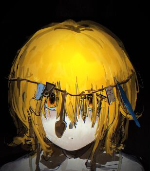 1girl black_background blonde_hair closed_mouth collarbone don_quixote_(project_moon) hashtag-only_commentary herbbbbby highres limbus_company looking_at_viewer looking_up portrait project_moon sidelocks simple_background solo spoon yellow_eyes