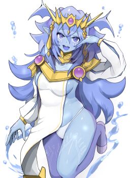Rule 34 | 1girl, absurdres, blue eyes, blue hair, blue skin, body markings, breasts, colored skin, dominus impulse, dress, duel monster, gold collar, gold tiara, hair between eyes, head wings, highres, kintama-yu (espkiriyama), long hair, open mouth, panties, pointy ears, sideboob, solo, teeth, underwear, upper teeth only, white dress, white panties, white sleeves, wings, yu-gi-oh!