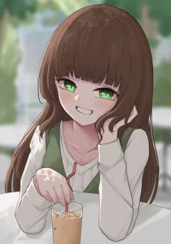 1girl arm_support blunt_bangs blurry blurry_background brown_hair collarbone cup drinking_glass drinking_straw green_eyes green_vest highres holding holding_drinking_straw ice ice_cube juice long_hair long_sleeves looking_at_viewer mitarashi_dayo original outdoors redrawn shirt sitting slit_pupils smile solo teeth vest white_shirt