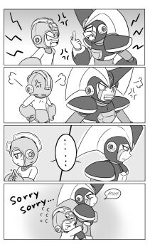 4koma angry apologizing arguing armor artist_request bass_(mega_man) blush capcom child comic fighting formal_clothes helmet hug looking_down mega_man_(character) mega_man_(series) middle_finger roboy_boy sad suit
