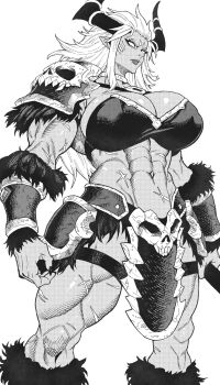 1girl abs armor biceps blank_eyes bracer breasts closed_mouth commentary commission dark-skinned_female dark_skin demon_horns facial_mark feet_out_of_frame fur_trim greyscale highres holding horns large_breasts long_hair monochrome muscular muscular_female navel original pauldrons pointy_ears scar scar_on_arm scar_on_leg scar_on_stomach shoulder_armor simple_background single_pauldron skull solo standing thigh_strap very_long_fingernails very_long_hair websake