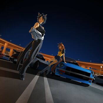 2girls ahoge animal_ears bare_shoulders black_hair black_pants black_shirt blue_eyes blue_shorts braid breasts brown_hair car closed_mouth denim denim_shorts ear_ornament eyewear_on_head fuji_kiseki_(umamusume) hair_between_eyes hair_ornament hairclip half_up_braid half_up_half_down_braid hands_in_pockets highres horse_ears horse_girl horse_tail jacket jacket_partially_removed jungle_pocket_(umamusume) large_breasts leaning_back leg_warmers long_sleeves looking_at_viewer medium_hair motor_vehicle multicolored_hair multiple_girls night night_sky nissan nissan_fairlady_z on_car open_clothes open_jacket outdoors pants parted_lips porsche porsche_911 shirt shoes short_hair short_sleeves shorts sky sleeveless sleeveless_shirt smile sports_car sunglasses tail tank_top toyeeta_prius umamusume wangan_midnight white_hair white_jacket yellow_eyes yellow_tank_top