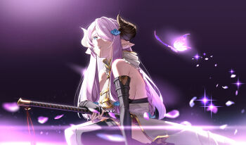 absurdres bare_shoulders black_gloves black_thighhighs blush braid breasts bug butterfly butterfly_hair_ornament butterfly_ornament commentary_request dark_background draph fingerless_gloves gloves gold_trim granblue_fantasy hair_ornament heart_ornament high_heels highres holding holding_weapon horns insect katana large_breasts long_hair narmaya_(granblue_fantasy) one_eye_covered open_mouth pink_hair ryoyu_(ryoyustarlight) sideboob sparkle sword thighhighs thighs weapon