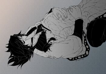 1boy 1girl animal_print black_hair black_jacket black_pants butterfly_hair_ornament butterfly_print closed_eyes couple hair_ornament haori hetero highres hug jacket japanese_clothes kimetsu_no_yaiba kochou_shinobu low_ponytail pants ponytail print_haori seezly_tani sidelocks tomioka_giyuu twitter_username upper_body