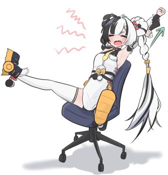 1girl ahoge armpits arms_up arrow_(symbol) black_hair black_shoes black_shorts braid braided_twintails chair china_dress chinese_clothes closed_eyes commentary detached_sleeves dialyn_(zenless_zone_zero) double_bun dress english_commentary fang full_body hair_bun hair_extensions hair_ornament highres id_card kesiutu legs_up long_hair multicolored_hair necktie on_chair open_mouth panda_hair_ornament ring_hair_extensions shadow shoes shorts simple_background sitting solo split-color_hair spread_legs stretching tears thighhighs white_background white_hair white_thighhighs yellow_necktie zenless_zone_zero