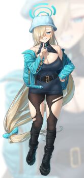 1girl absurdres asuna_(blue_archive) bare_shoulders black_shoes black_sweater blonde_hair blue_archive blue_eyes blue_halo blue_hat blue_jacket blush bow breasts cleavage cleavage_cutout clothing_cutout collarbone grin hair_bow hair_over_one_eye halo hand_on_own_hip hat highres jacket large_breasts long_hair looking_at_viewer mole mole_on_breast open_clothes open_jacket pantyhose shoes sleeveless sleeveless_sweater sleeveless_turtleneck smile solo sweater torn_clothes torn_pantyhose turtleneck turtleneck_sweater very_long_hair walking_nakta
