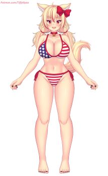 1girl ahoge american_flag american_flag_bikini american_flag_print animal_ears barefoot bell bikini black_nails blonde_hair blush bow breasts cat_ears cat_girl cat_tail cleavage collar collarbone fangs flag_print flag_print_bikini fourth_of_july hair_bow highres indie_virtual_youtuber jingle_bell large_breasts long_hair looking_at_viewer low_twintails multicolored_hair navel neck_bell nottytiffy open_mouth original print_bikini red_bikini red_bow red_eyes red_hair side-tie_bikini_bottom slit_pupils smile standing star_(symbol) star_print streaked_hair striped_bikini striped_clothes swimsuit tail teeth tiffy_(nottytiffy) twintails virtual_youtuber white_background