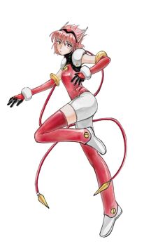 Rule 34 | 1girl, angelic layer, bonbon ovo, cable, closed mouth, commentary request, elbow gloves, full body, gloves, headset, highres, hikaru (angelic layer), korean commentary, long legs, looking at viewer, red eyes, red thighhighs, short hair, simple background, solo, thighhighs, traditional media, white background