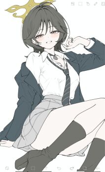 1girl ahoge arm_at_side arm_up art_program_in_frame black_boots black_choker black_hair black_jacket black_necktie block_heels blue_archive blush boots breasts brown_eyes buttons choker collared_shirt diagonal-striped_clothes diagonal-striped_necktie dress_shirt ear_piercing fingernails flat_color flipped_bangs fuyu_(blue_archive) grey_nails grey_skirt grin hair_intakes half-closed_eyes halo high_heel_boots high_heels highres ibispaint ibispaint_(medium) jacket knee_boots knees_together_feet_apart knees_up long_sleeves looking_at_viewer medium_breasts miniskirt mole mole_under_eye multiple_piercings nail_polish necktie open_clothes open_collar open_jacket pendant_choker piercing plaid_clothes plaid_skirt school_uniform shirt shirt_tucked_in short_hair simple_background single_off_shoulder sitting skirt smile solo striped_clothes unbuttoned wa_sumi white_background white_shirt wing_collar winter_uniform wispy_bangs wolf_cut yellow_halo