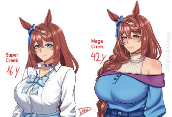 1girl age_comparison aged_up alternate_costume animal_ears bags_under_eyes bare_shoulders blue_shirt bow braid breasts brown_hair buttons chest_bow choker collarbone collared_shirt commentary ear_bow english_commentary english_text hair_between_eyes highres horse_ears horse_girl huge_breasts large_breasts lipstick long_hair long_sleeves looking_at_viewer makeup mature_female romulproduce shirt side_braid simple_background super_creek_(umamusume) turtleneck twitter_username umamusume upper_body very_long_hair white_background white_shirt