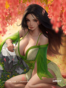 1girl asian black_hair brown_eyes chinese_clothes commentary dress english_commentary fa_mulan_(disney) hanfu lips long_hair long_sleeves looking_at_viewer makeup mulan_(movie) realistic shurakrgt smile solo tag