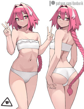 1boy :/ artist_logo ass astolfo_(fate) back bandeau bare_shoulders bikini braid breasts bulge closed_mouth collarbone commentary cowboy_shot donburi_(donburikazoku) double_v expressionless fang fate/apocrypha fate_(series) feet_out_of_frame frilled_bandeau from_behind groin hair_between_eyes hair_intakes hand_on_own_ass highres linea_alba logo long_hair looking_at_viewer looking_back male_focus multicolored_hair multiple_views navel patreon_username pink_eyes pink_hair simple_background skin_fang small_breasts smile standing stomach strapless strapless_bikini streaked_hair swimsuit trap v very_long_hair w_arms white_background white_bandeau white_bikini white_hair