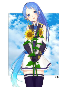 1girl aqua_hair birthday black_gloves black_sailor_collar black_thighhighs blue_eyes blue_hair blush cloud commentary_request elbow_gloves flower gloves gradient_hair highres holding holding_flower kantai_collection leaf long_hair looking_at_viewer multicolored_hair myuu_(hellomagic) neckerchief open_mouth sailor_collar samidare_(kancolle) school_uniform serafuku skirt sky sleeveless solo sunflower thighhighs very_long_hair white_skirt