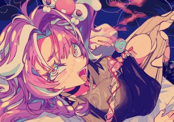 black_dress breasts candy cleavage crossed_legs dress fishnet_thighhighs fishnets food grey_eyes grey_hair holding holding_candy holding_food holding_lollipop jared_(michi_mochievee) large_breasts lollipop long_hair looking_at_viewer mago_oowarawa michi_mochievee michi_mochievee_(1st_costume) multicolored_hair official_art open_mouth pantyhose patchwork_skin purple_hair smile streaked_hair thighhighs tongue tongue_out torn_clothes torn_pantyhose very_long_hair virtual_youtuber vshojo