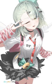 1girl bandaid bandaid_hair_ornament black_skirt blush chinatsu_remiel collar cowboy_shot cryne earrings fur-trimmed_skirt fur_trim green_eyes green_hair hair_ornament heart heart_hair_ornament highres jewelry looking_at_viewer multiple_hair_clips musical_note_earrings necktie one_eye_closed open_mouth pink_arm_warmers pink_bag pink_nails red_necktie ring shirt simple_background skirt solo striped_arm_warmers twitter_username v v_over_eye white_background white_shirt white_wings winged_bag wings zenless_zone_zero