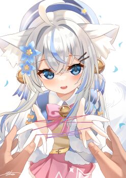 1girl absurdres animal_ear_fluff animal_ears bell blue_eyes cat's_cradle cat_ears cat_girl cat_tail commentary_request fang flower hair_flower hair_ornament hat highres jingle_bell multicolored_hair original pink_skirt pov pov_hands skirt solo_focus streaked_hair tail zds