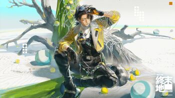 1boy alesh_(arknights) animal_ears arknights arknights:_endfield black_gloves black_overalls brown_hair buoy commentary_request elevation_contour_lines fishing_net gloves highres jacket knee_up looking_at_viewer male_focus mcmeao official_art one_eye_closed overalls parted_lips raccoon_boy raccoon_ears raccoon_tail scar scar_across_eye scar_on_face shirt solo tail watermark white_shirt yellow_eyes yellow_jacket
