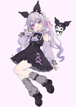 Rule 34 | 1girl, black bow, black nails, black shoes, black skirt, blush, bow, character name, collared shirt, commentary, crossover, detached sleeves, dress shirt, english commentary, frilled skirt, frills, full body, gradient background, grey socks, grin, hair bow, head tilt, highres, hitsukuya, hololive, hololive english, koseki bijou, kuromi, long sleeves, looking at viewer, loose socks, low twintails, multicolored hair, my melody (series), nail polish, pink background, pink bow, pink hair, puffy long sleeves, puffy sleeves, purple background, purple eyes, purple shirt, purple sleeves, sanrio, shirt, shoes, skirt, sleeveless, sleeveless shirt, sleeves past wrists, smile, socks, suspender skirt, suspenders, twintails, two-tone hair, virtual youtuber