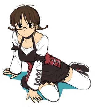 1girl akizuki_ritsuko antenna_hair b_suke black_boots black_dress black_eyes boots braid breasts brown_hair commentary_request dress full_body glasses idolmaster idolmaster_(classic) medium_breasts short_dress sidelocks sitting solo thighhighs twin_braids white_thighhighs yokozuwari