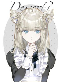 Rule 34 | 1girl, absurdres, alternate costume, animal ears, arknights, arknights: endfield, bird ears, bird girl, black dress, blue eyes, blunt bangs, chinese commentary, commentary request, cuipian bianti, dress, enmaided, grey background, grey hair, hand on own chin, hand up, highres, juliet sleeves, long hair, long sleeves, looking at viewer, maid, parted lips, perlica (arknights), procreate (medium), puffy sleeves, solo, upper body