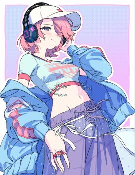 Rule 34 | 1girl, arimura mao, baseball cap, blue background, blue jacket, blue shirt, breasts, closed mouth, commentary request, cowboy shot, dutch angle, ezo egg, gakuen idolmaster, gradient background, hat, headphones, highres, idolmaster, jacket, jewelry, light smile, midriff, multiple rings, navel, off shoulder, pants, pink background, purple eyes, purple pants, ring, shirt, short hair, simple background, solo, t-shirt, white background, white hat