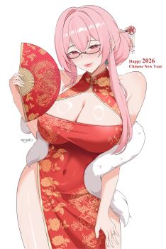Rule 34 | 1girl, alternate costume, bare shoulders, breasts, china dress, chinese clothes, cleavage, closed mouth, commentary, dress, english commentary, floral print, floral print dress, folding fan, glasses, hair between eyes, hair ornament, hair stick, hand fan, hand up, happy new year, highres, holding, holding fan, large breasts, long hair, massoukei, new year, pink hair, print dress, red dress, red eyes, semi-rimless eyewear, simple background, sleeveless, sleeveless dress, solo, tsukishiro yanagi, white background, zenless zone zero