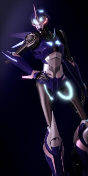 1girl 3d absurdres andypurro arcee arcee_(prime) blender_(medium) blue_eyes breasts glowing glowing_eyes hand_on_own_hip highres humanoid_robot medium_breasts robot robot_girl solo transformers transformers_prime wings