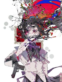 1girl abstract akemi_homura akemi_homura_(magical_girl) black_hair black_shirt blazer blood censored circle collared_shirt crack dilated_pupils dropping floating_clothes floating_hair floating_neckwear frilled_skirt frills glitch gun hair_ribbon handgun highres hoshimura_yumea jacket kyubey long_hair long_sleeves mahou_shoujo_madoka_magica mahou_shoujo_madoka_magica_(anime) mismatched_pupils mosaic_censoring neck_ribbon no_mouth picture_frame pink_pupils pleated_skirt purple_eyes purple_nails purple_ribbon purple_skirt red_ribbon ribbon ripples shirt skirt solo static straight_hair surreal weapon white_background white_jacket wing_collar