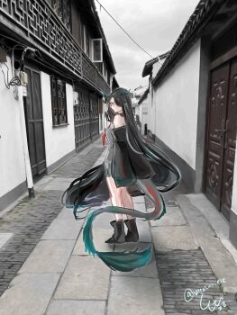 Rule 34 | 1girl, arknights, black hair, dragon girl, dragon horns, dragon tail, dusk (arknights), earrings, eastern dragon tail, ete (vacation ete), green horns, hair over one eye, highres, horns, jewelry, long hair, photo background, pointy ears, red eyes, solo, tail, tassel, tassel earrings