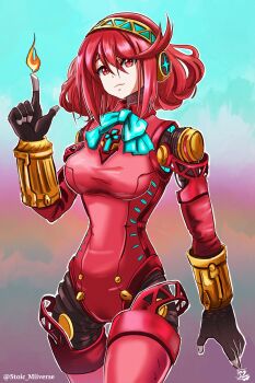 1girl aigis_(persona) android aqua_neckwear breasts chest_jewel cowboy_shot fire fusion gradient_background headphones highres joints mechanization medium_breasts narrow_waist persona persona_3 pyra_(xenoblade) pyrokinesis red_eyes red_hair robot_joints short_hair solo stoic_seraphim swept_bangs twitter_username xenoblade_chronicles_(series) xenoblade_chronicles_2