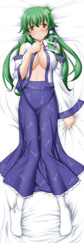 1girl bed breasts dakimakura_(medium) detached_sleeves female_focus frog full_body green_hair japanese_clothes kochiya_sanae large_breasts long_hair lying miko sin-go skirt snake socks solo touhou white_background yellow_eyes