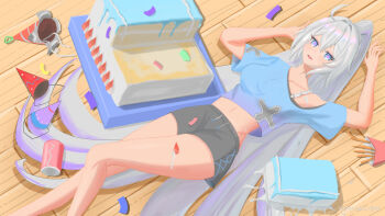 1girl absurdres ahoge birthday_cake black_shorts blue_eyes blue_shirt breasts cake chinese_commentary commentary_request cropped_shirt dolphin_shorts food french_fries hat highres honkai_(series) honkai_impact_3rd kiana_kaslana kiana_kaslana_(herrscher_of_finality) large_breasts long_hair looking_at_viewer lying midriff miyoushe_watermark navel on_back on_floor party_hat qing_tian_z_gudu shirt shorts solo star-shaped_pupils star_(symbol) symbol-shaped_pupils very_long_hair watermark white_hair wooden_floor