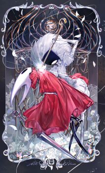 2girls arm_around_waist black_border border bubble_skirt chinese_commentary cloak collared_cloak commentary_request dress elbow_gloves full_body gloves high_collar highres holding holding_staff hollow_knight hollow_knight:_silksong hornet_(hollow_knight) lace_(hollow_knight) leaning_back light_particles looking_at_another multiple_girls nail_(hollow_knight) outside_border picture_frame puffy_short_sleeves puffy_sleeves qishitian_de_yuji red_cloak sekai_wo_kakumei_suru_chikara_wo short_dress short_sleeves shoujo_kakumei_utena skirt staff thread white_dress white_gloves yuri