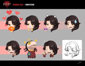 Rule 34 | > <, 1girl, asymmetrical hair, black hair, blowing kiss, blush, blush stickers, candy, character name, cinder fall, closed eyes, commentary, copyright logo, copyright name, english commentary, eyelashes, fingerless gloves, food, gloves, grin, heart, holding, holding candy, holding food, logo, medium hair, multiple expressions, multiple views, official art, open mouth, puppet, rwby, rwby chibi, signature, slit pupils, smile, sock puppet, sparkle, star (symbol), sweatdrop, teeth, upper teeth only, uyalago, v-shaped eyebrows, wavy mouth, wrapped candy, yellow eyes, yellow gloves