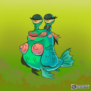 1girl belt digimon digimon_(creature) fins fish_girl fish_tail monster_girl numemon original solo tail what why