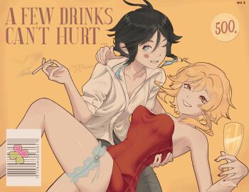 1boy 1girl absurdres black_hair blonde_hair braid champagne_flute chipirapira cigarette collarbone commentary couple cup dancing dress drinking_glass english_commentary genshin_impact gradient_hair hetero highres holding holding_cigarette looking_at_viewer lumine_(genshin_impact) multicolored_hair one_eye_closed open_mouth red_dress shirt short_hair twin_braids venti_(genshin_impact) white_shirt yellow_background yellow_eyes