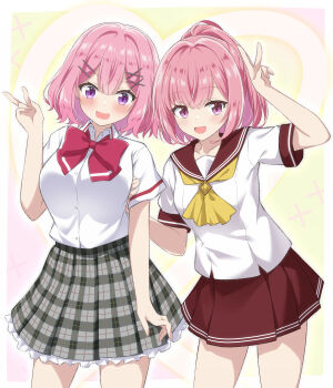 Rule 34 | 2girls, :d, amaori haruna, amaori renako, arm up, asagi nanami, blunt bangs, blush, border, bow, bowtie, brown sailor collar, brown skirt, collarbone, collared shirt, commentary request, cowboy shot, crossed bangs, dress shirt, frilled skirt, frills, green background, grey skirt, hair between eyes, hair intakes, hair ornament, hand up, happy, high-waist skirt, highres, looking at viewer, medium hair, miniskirt, multiple girls, neckerchief, open mouth, outside border, pink hair, plaid clothes, plaid skirt, pleated skirt, ponytail, purple eyes, red bow, red bowtie, sailor collar, sailor shirt, school uniform, serafuku, shirt, short sleeves, siblings, side-by-side, simple background, sisters, skirt, smile, v, watashi ga koibito ni nareru wake naijan murimuri!, white border, white shirt, x hair ornament, yellow neckerchief