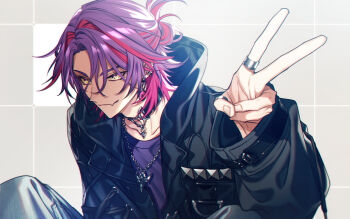 black_choker black_jacket chain chain_necklace choker closed_mouth hair_between_eyes hair_bun hair_intakes half_updo hand_up hashtag-only_commentary highres hood hood_down hooded_jacket jacket jewelry male_focus multicolored_hair multiple_rings necklace nijisanji open_clothes open_jacket parted_bangs pendant pink_hair purple_hair purple_shirt ring shirt smile solo two-tone_hair v virtual_youtuber watarai_hibari watarai_hibari_(4th_costume) y_at_(yuuya) yellow_eyes