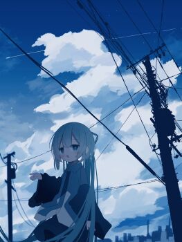 Rule 34 | 1girl, afk 0831, blue eyes, blue hair, blue sky, blush, city, cityscape, cloud, collared shirt, commentary request, contrail, detached sleeves, hatsune miku, highres, necktie, open mouth, outdoors, power lines, shirt, skirt, sky, solo, star (sky), twintails, utility pole, vocaloid