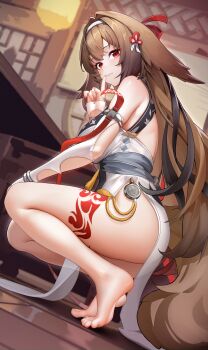 1girl absurdres bare_legs bare_shoulders barefoot body_markings brown_hair chinese_commentary closed_mouth colored_tips commentary_request dutch_angle elbow_gloves finger_to_mouth fingerless_gloves fox_tail from_side gloves hair_flaps hair_ornament hairband hand_up highres index_finger_raised indoors legs light_smile long_hair looking_at_viewer looking_to_the_side multicolored_hair red_eyes shushing solo squatting tail thighs ushiko_xiansheng white_gloves white_hairband ye_shunguang zenless_zone_zero